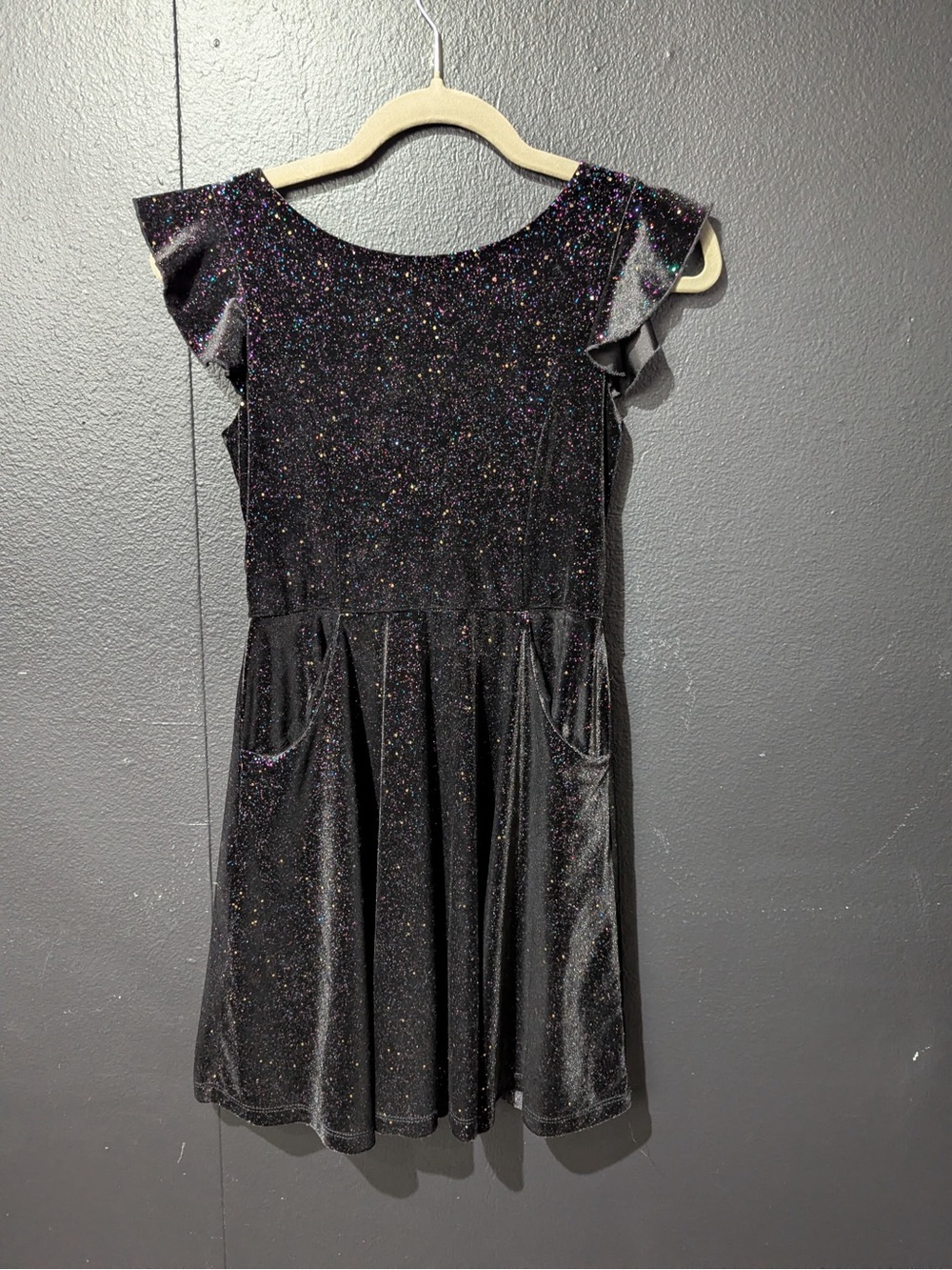 lilt Black Glitter Velvet Dress with Flutter Sleeves